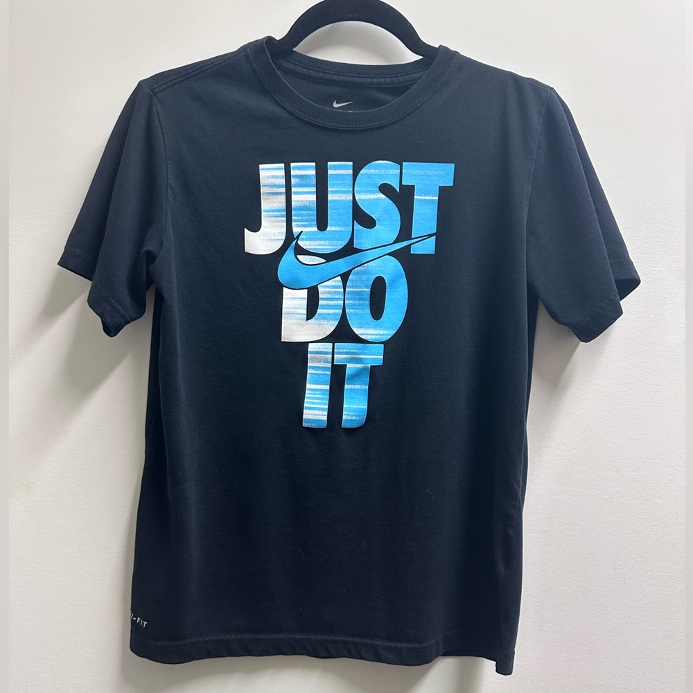 Nike boys Black Tee with Blue and White Graphic
